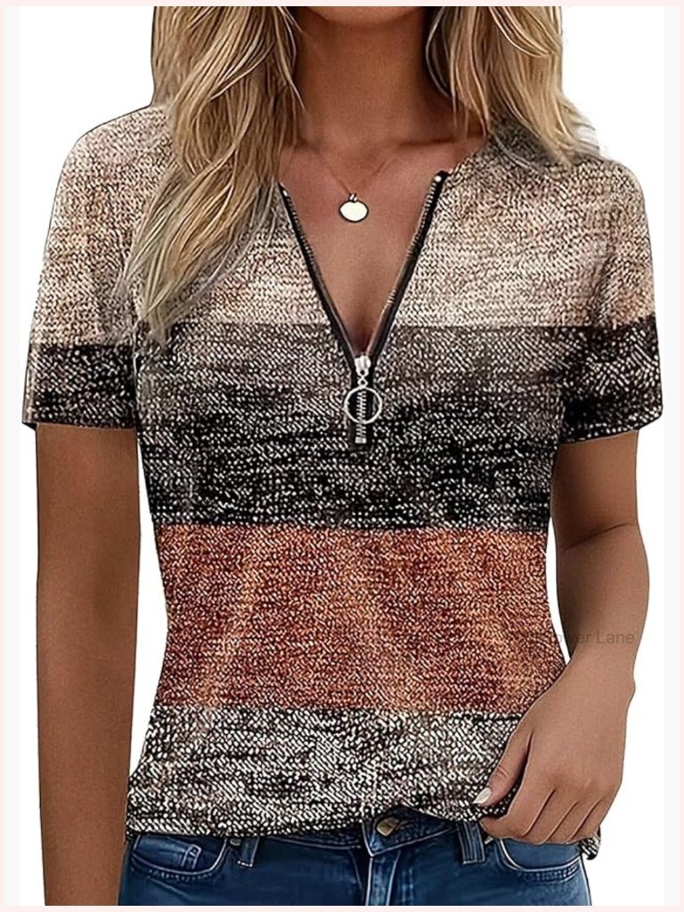 Short Sleeve V Neck Zipper Front Colorblock Blouse